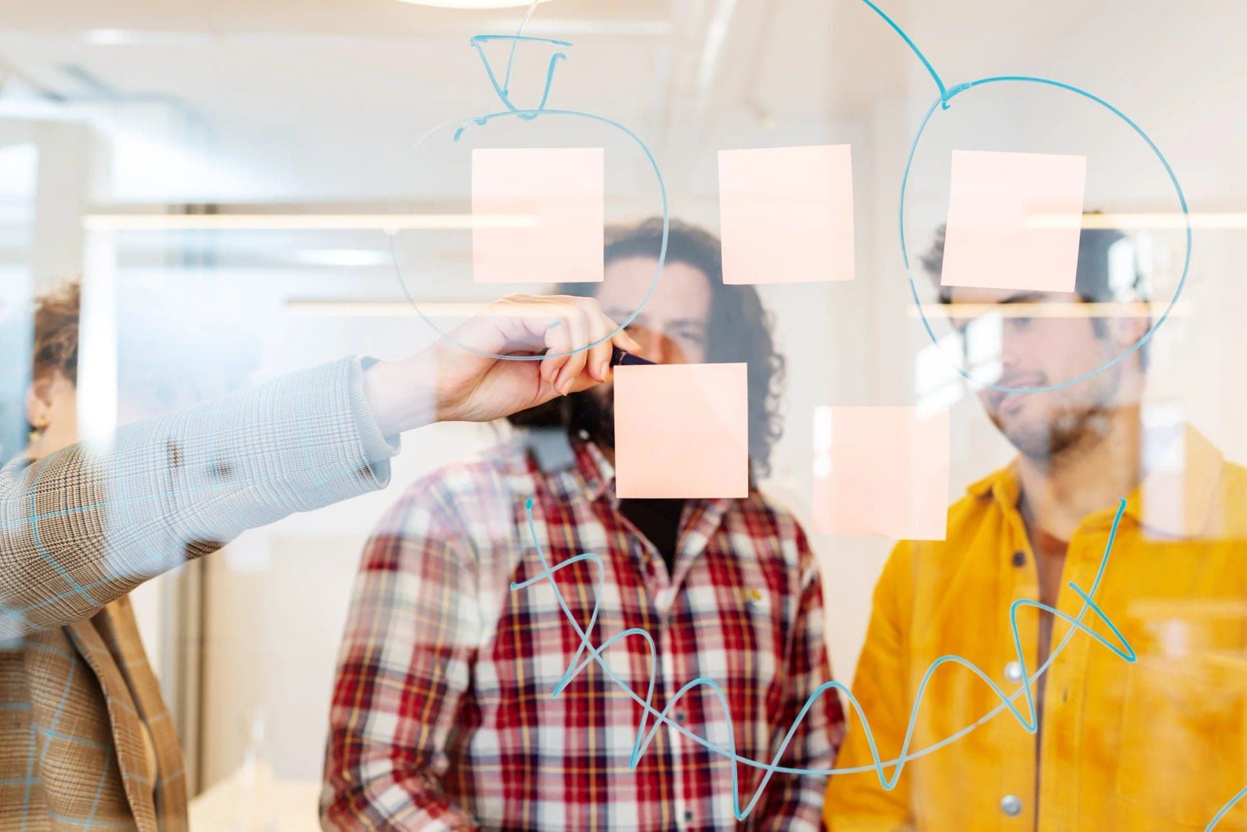 Werksessie met post-its op een glazen wand